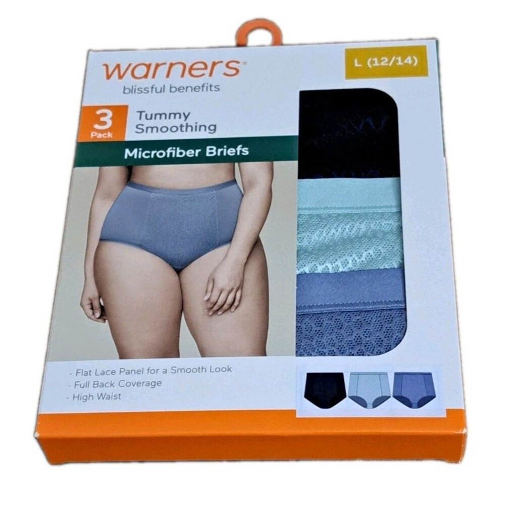 Warners 3 Pack Blissful Benefits Tummy Smoothing Microfiber Briefs L(12/14) NWT